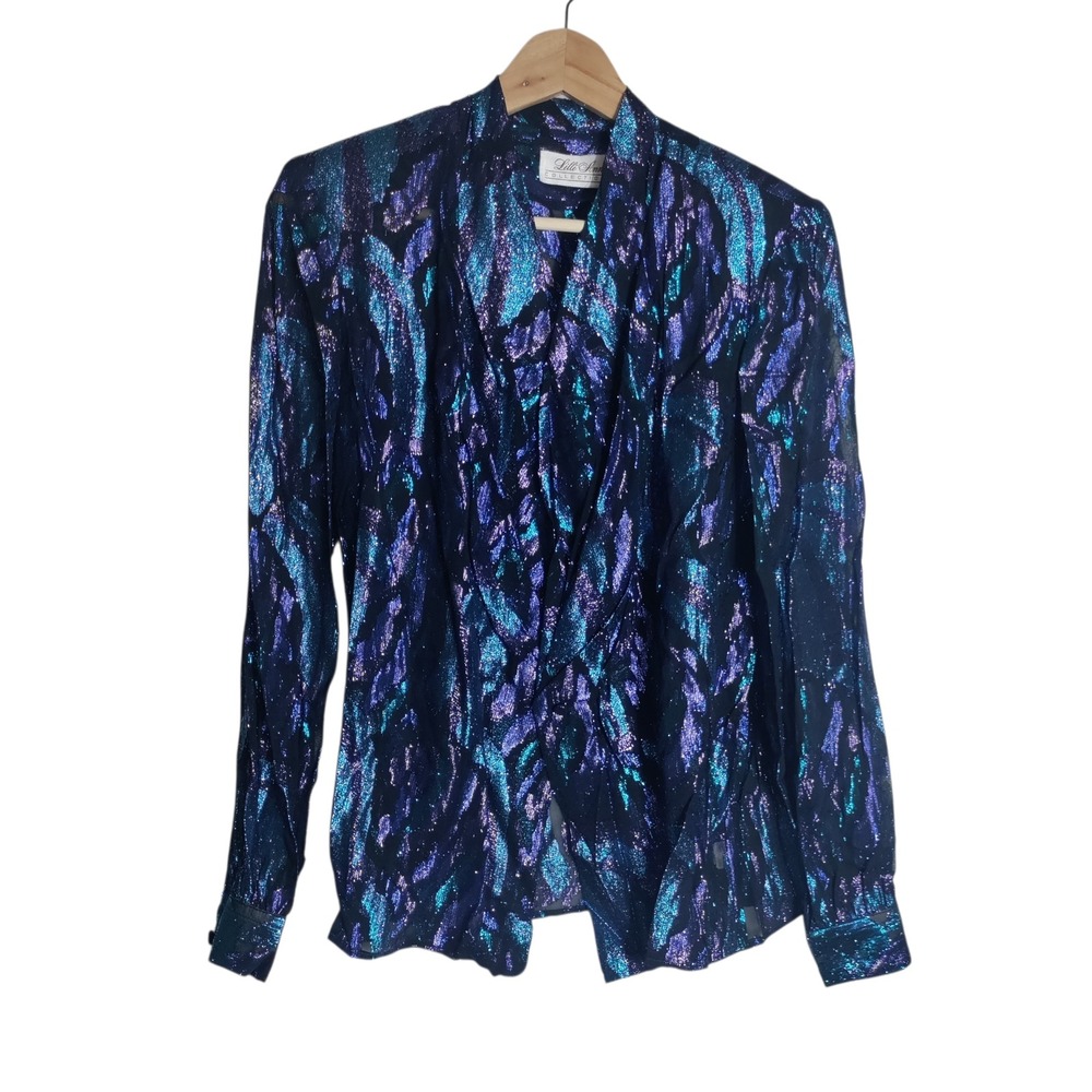 Lilli Ann Collections Metallic Purple Teal Jacquard Blouse Long Sleeve Vintage